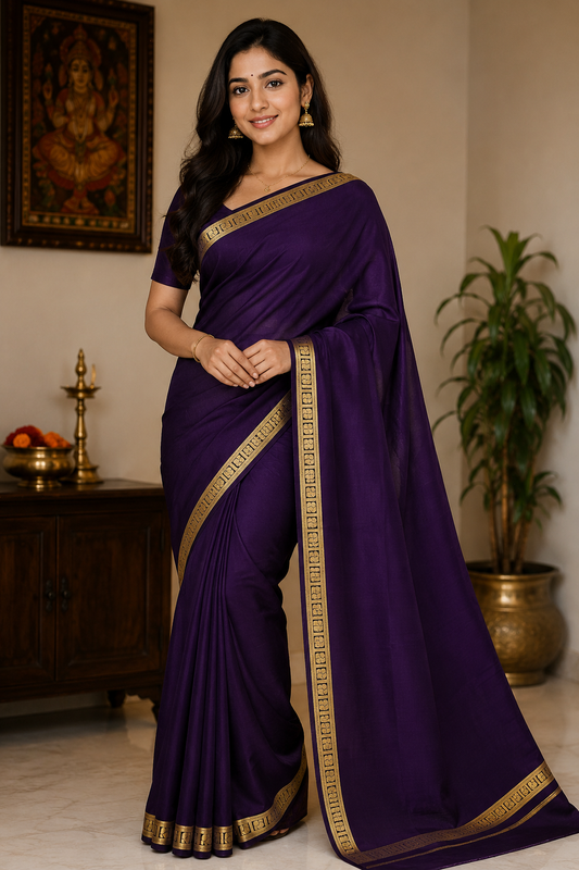 Pure Crepe Silk Saree for Women |Royal Purple| 1-Inch Gold Zari Border | Waterproof | Elegant Traditional Wear