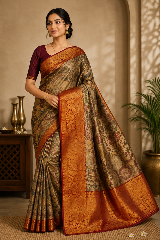 ✨ Royal Floral Brocade Kanchi Pattu Silk Saree with Grand Zari Border ✨