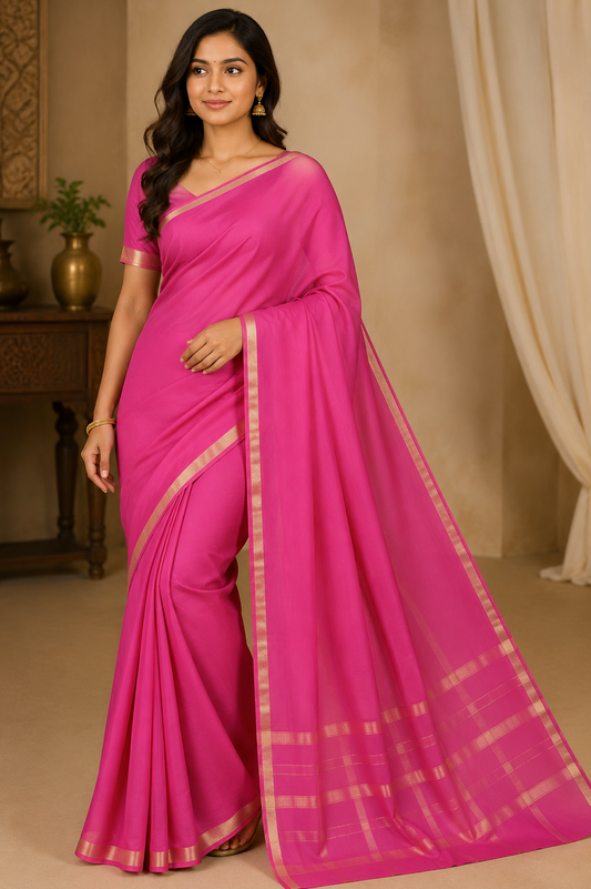 Pure Crepe Silk Saree for Women| Hot Pink | 1-Inch Gold Zari Border | Waterproof | Elegant Traditional Wear