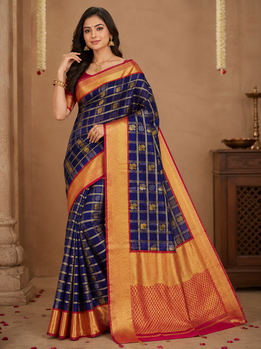 ✨ Royal Blue Kanchi Soft Silk Saree with Rich Gold Zari Checks & Contrast Pink Border ✨