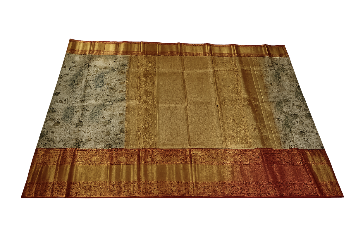 Royal Peacock Pure Kanchi Pattu Silk Saree with Grand Zari Border – Cream Gold & Maroon Elegance