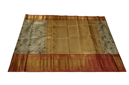 Royal Peacock Pure Kanchi Pattu Silk Saree with Grand Zari Border – Cream Gold & Maroon Elegance