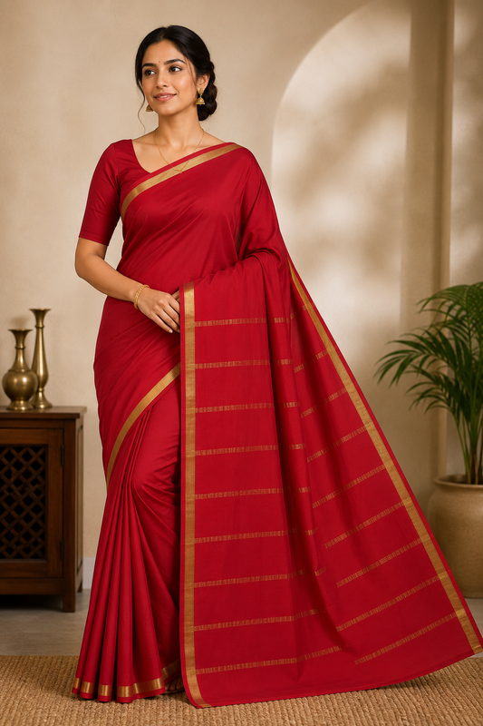 Pure Crepe Silk Saree for Women |Royal Red| 1-Inch Gold Zari Border | Waterproof | Elegant Traditional Wear
