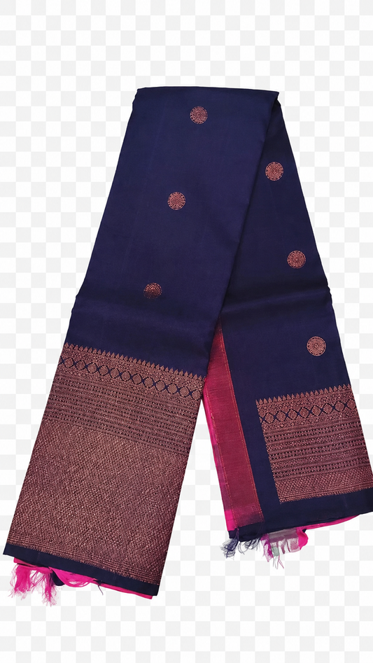 💙 Royal Navy Blue Soft Silk Saree with Rich Zari Border & Pink Pallu | Timeless Elegance
