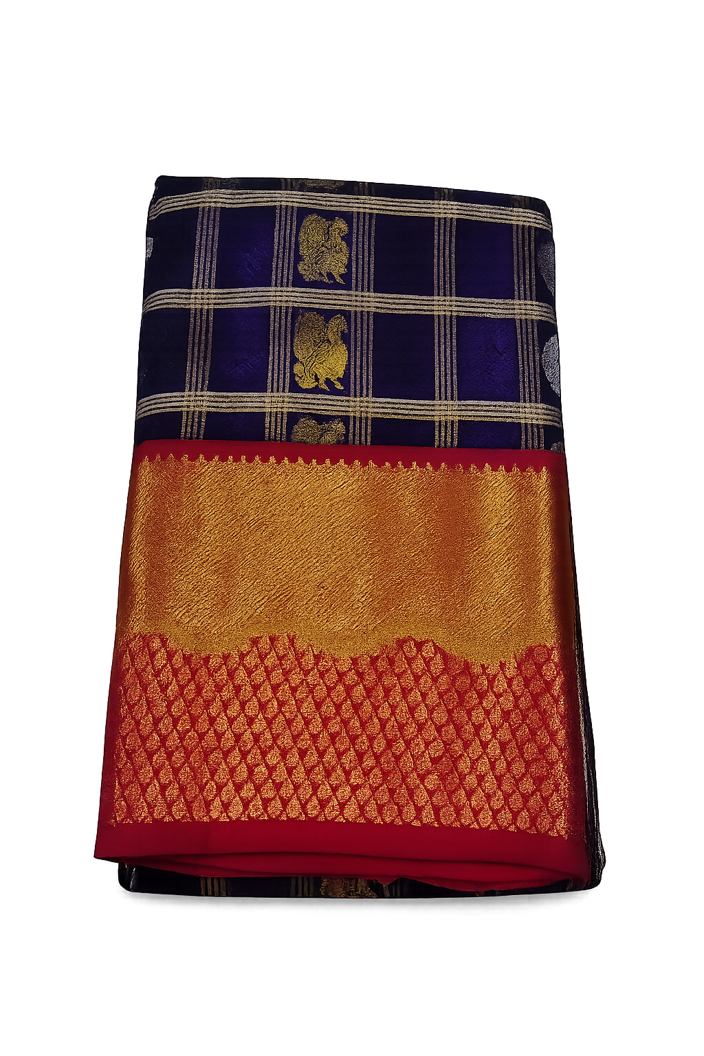 ✨ Royal Blue Kanchi Soft Silk Saree with Rich Gold Zari Checks & Contrast Pink Border ✨
