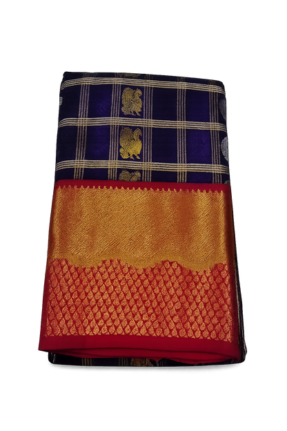 ✨ Royal Blue Kanchi Soft Silk Saree with Rich Gold Zari Checks & Contrast Pink Border ✨
