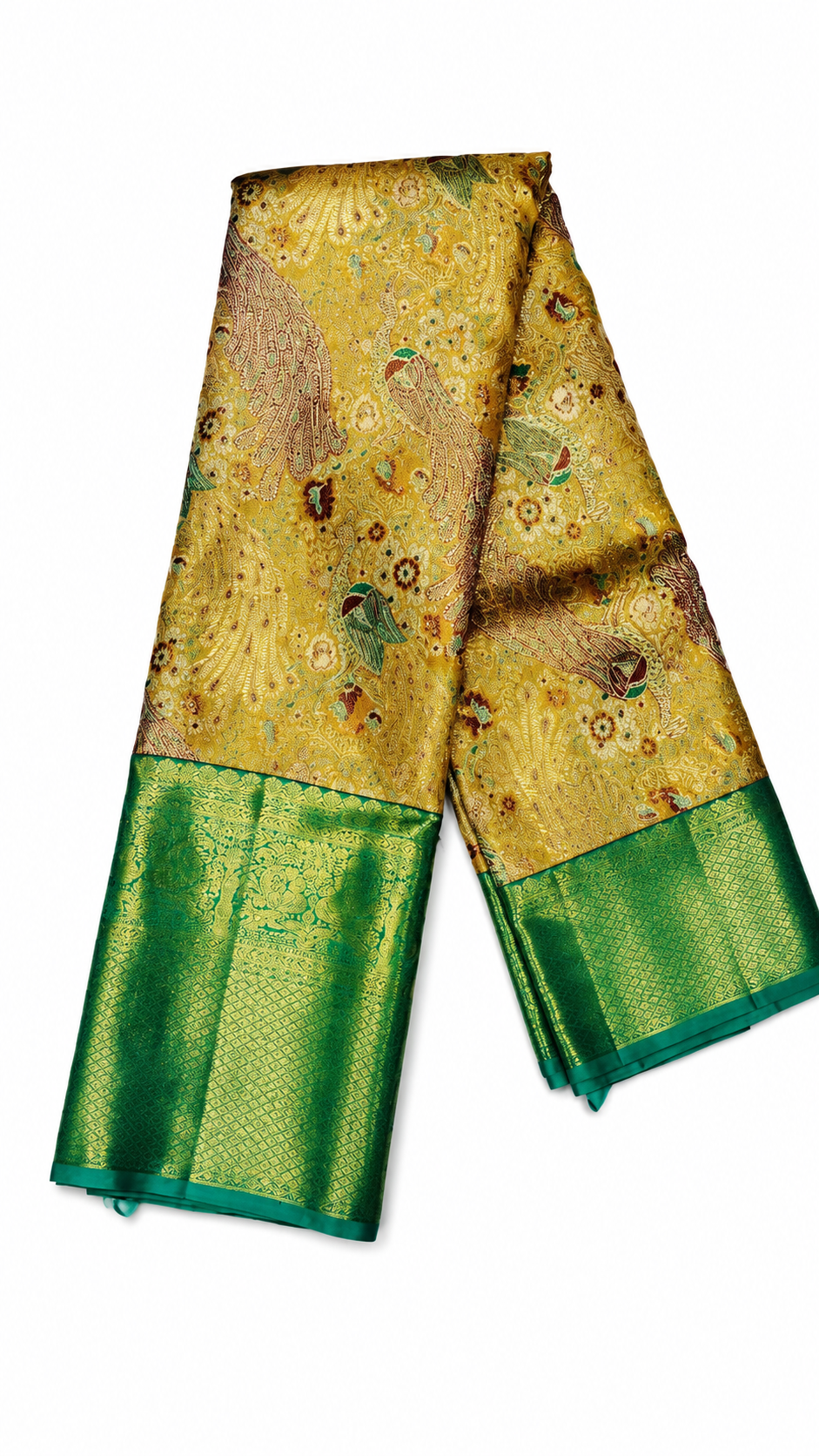 Royal Golden Kanchi Silk Saree with Emerald Green Zari Border