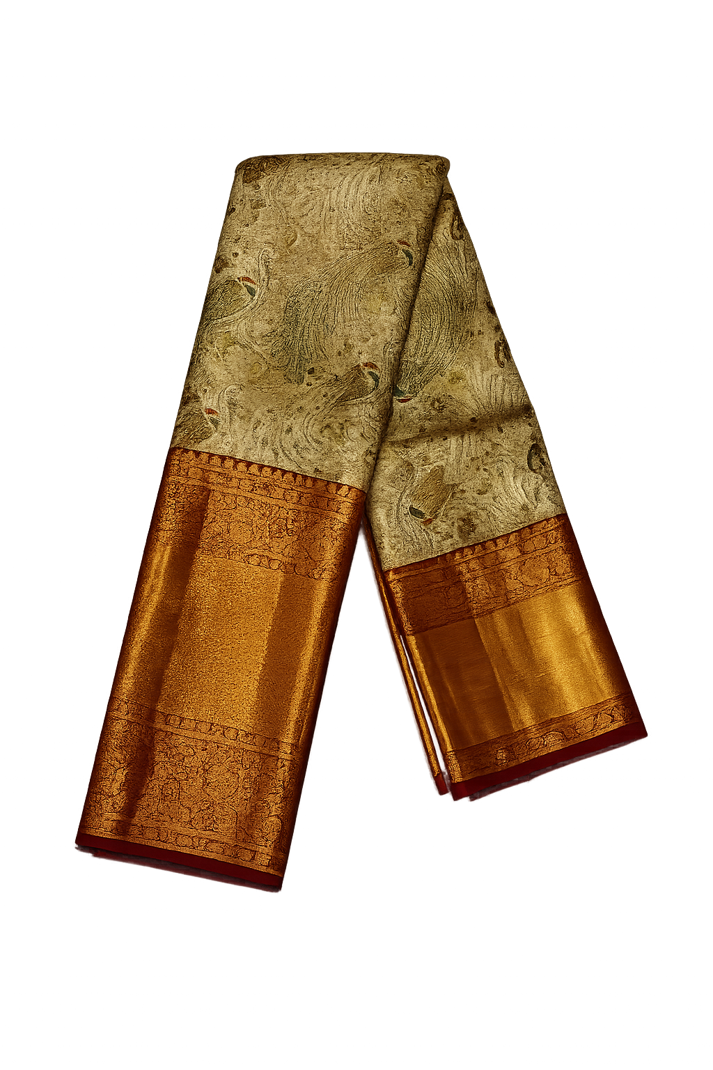 Royal Peacock Pure Kanchi Pattu Silk Saree with Grand Zari Border – Cream Gold & Maroon Elegance