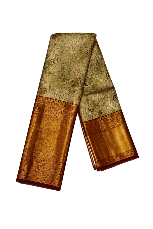 Royal Peacock Pure Kanchi Pattu Silk Saree with Grand Zari Border – Cream Gold & Maroon Elegance