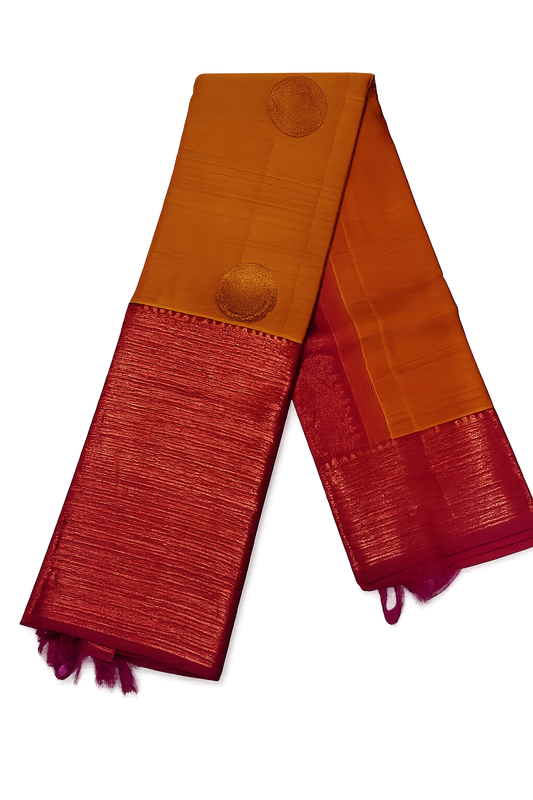 Golden Mustard Soft Silk Saree with Rich Magenta Zari Border | Traditional Elegance