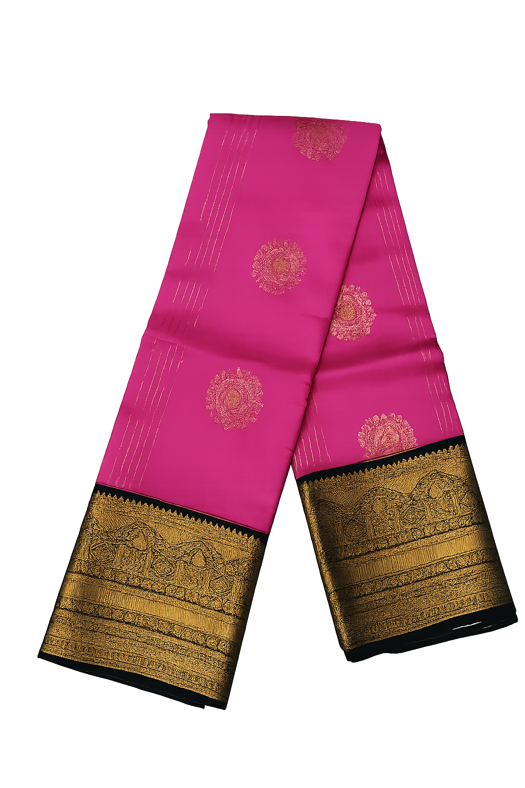 Radiant Pink Kanchi Pure Silk Saree with Grand Antique Gold Zari Border