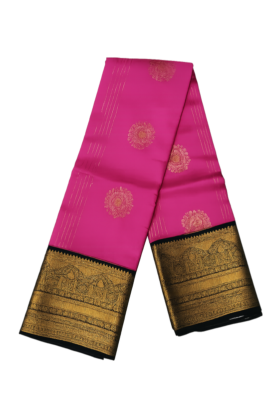 Radiant Pink Kanchi Pure Silk Saree with Grand Antique Gold Zari Border
