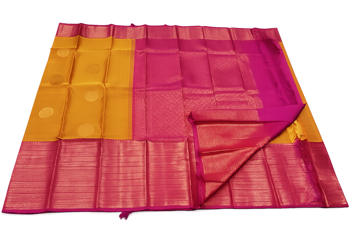Golden Mustard Soft Silk Saree with Rich Magenta Zari Border | Traditional Elegance