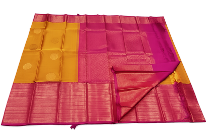 Golden Mustard Soft Silk Saree with Rich Magenta Zari Border | Traditional Elegance