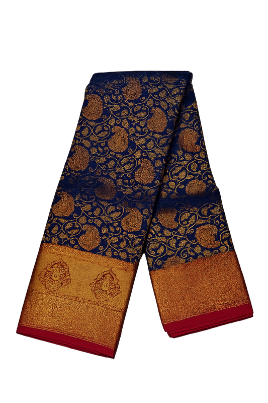 Royal Blue Kanchi Silk Brocade Saree with Meena Butta & Rich Zari Pallu