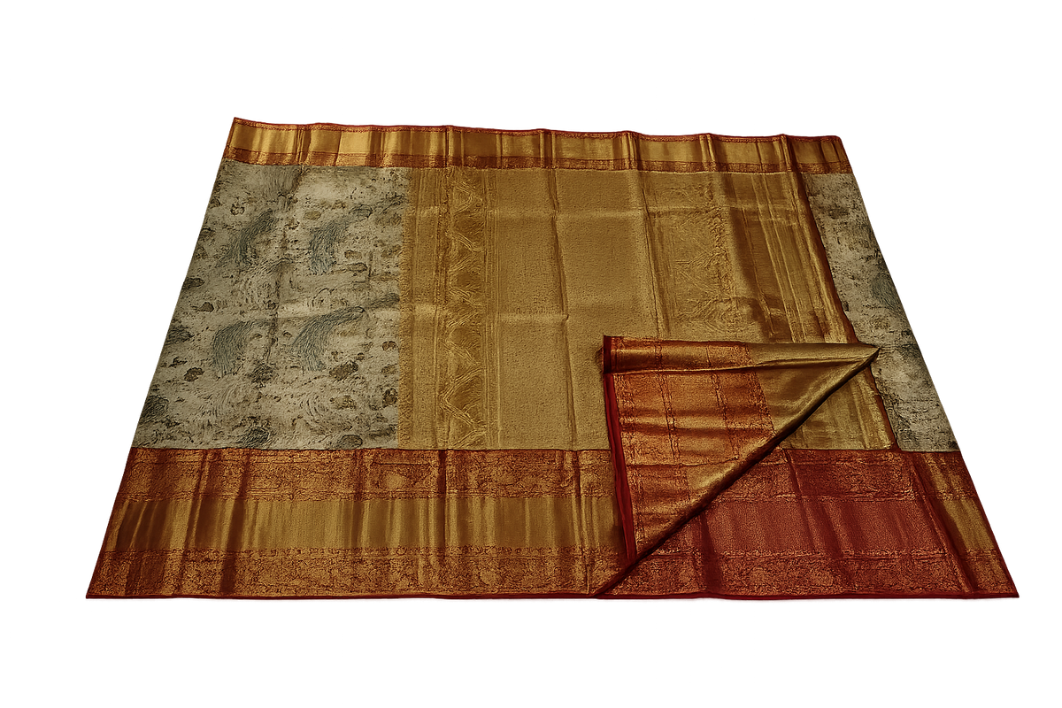 Royal Peacock Pure Kanchi Pattu Silk Saree with Grand Zari Border – Cream Gold & Maroon Elegance