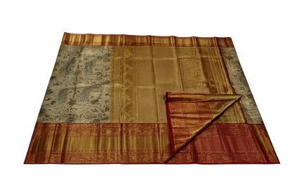 Royal Peacock Pure Kanchi Pattu Silk Saree with Grand Zari Border – Cream Gold & Maroon Elegance