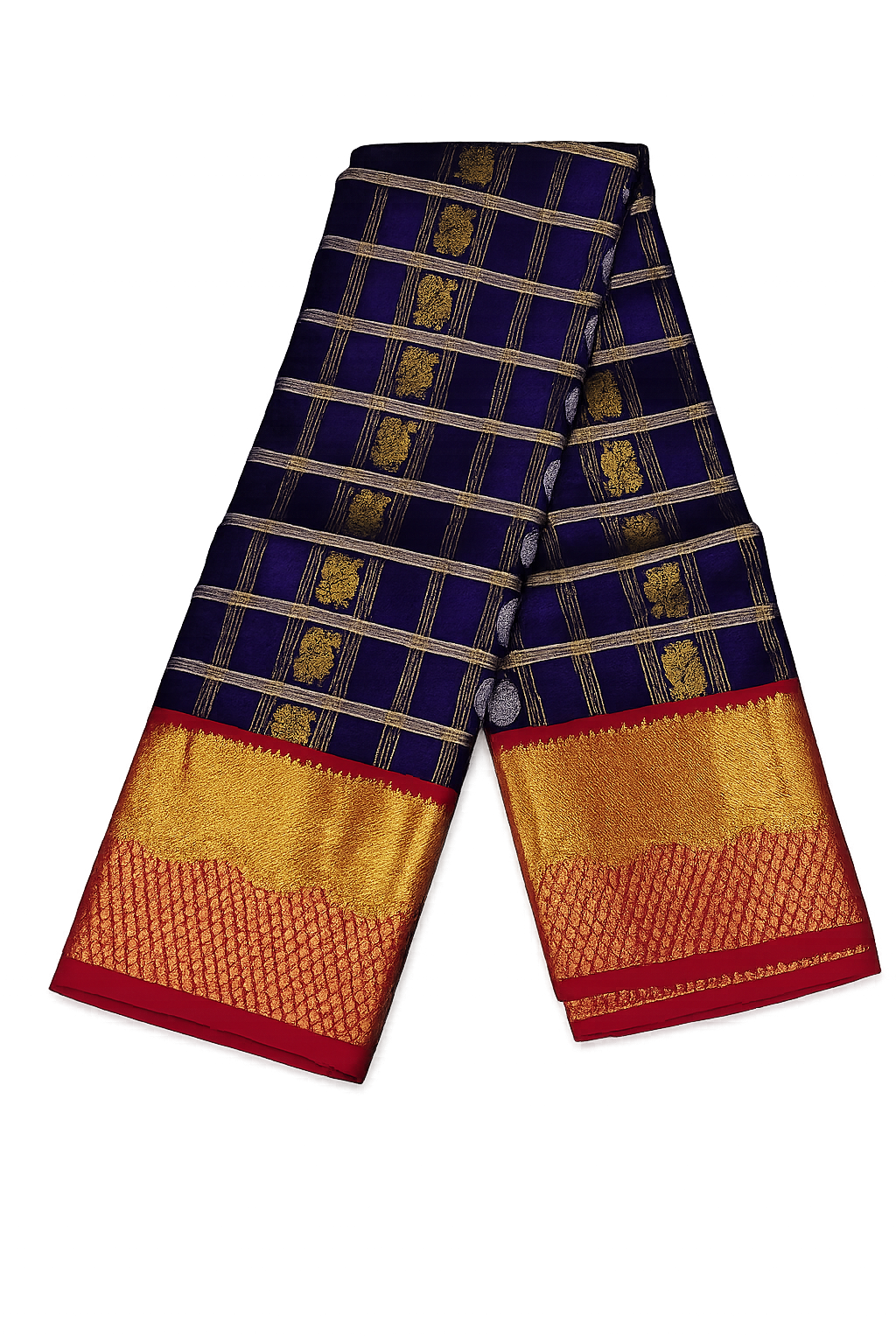 ✨ Royal Blue Kanchi Soft Silk Saree with Rich Gold Zari Checks & Contrast Pink Border ✨