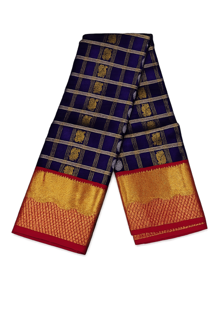 ✨ Royal Blue Kanchi Soft Silk Saree with Rich Gold Zari Checks & Contrast Pink Border ✨