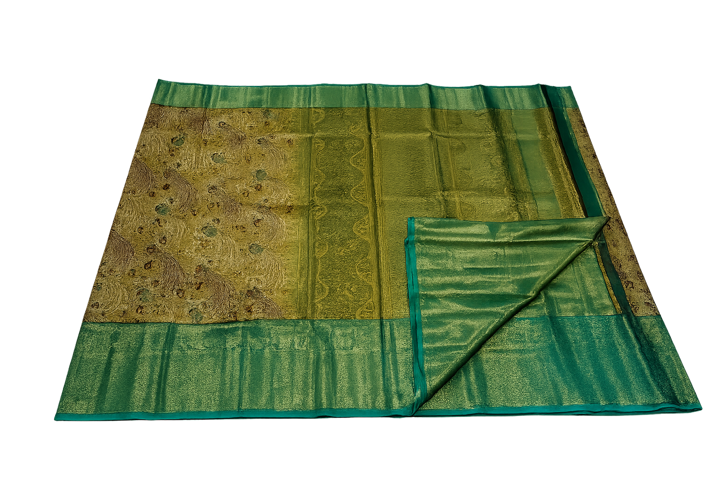 Royal Golden Kanchi Silk Saree with Emerald Green Zari Border
