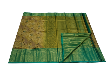 Royal Golden Kanchi Silk Saree with Emerald Green Zari Border