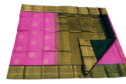 Radiant Pink Kanchi Pure Silk Saree with Grand Antique Gold Zari Border