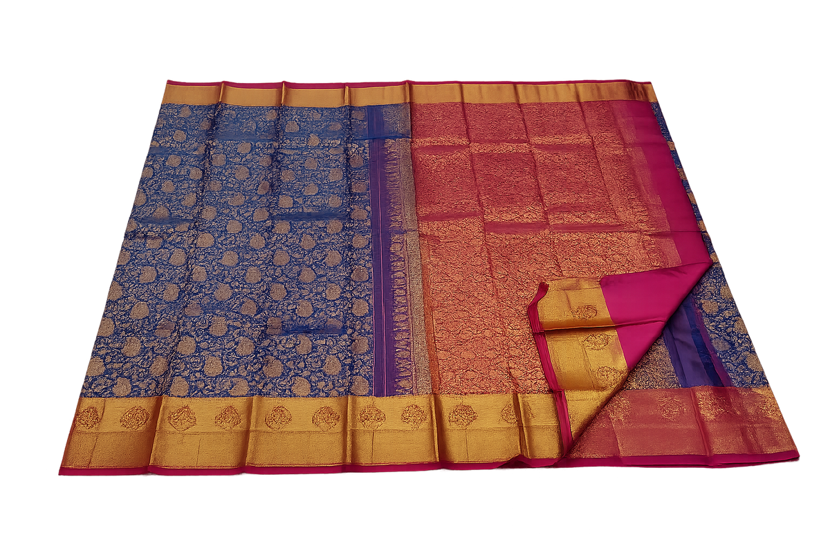 Royal Blue Kanchi Silk Brocade Saree with Meena Butta & Rich Zari Pallu