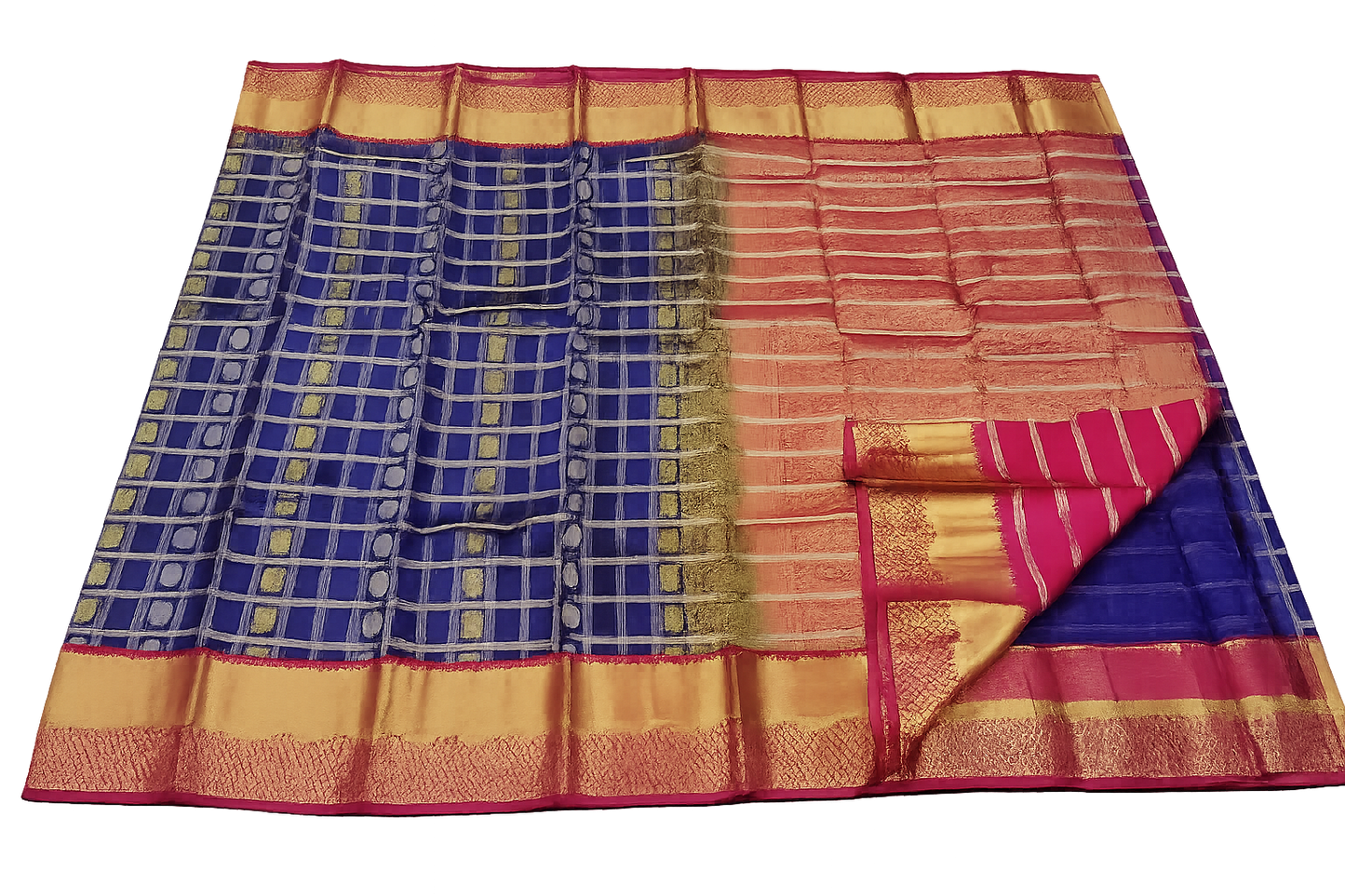✨ Royal Blue Kanchi Soft Silk Saree with Rich Gold Zari Checks & Contrast Pink Border ✨