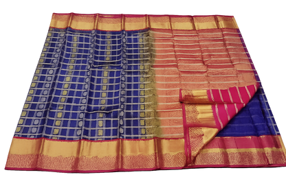 ✨ Royal Blue Kanchi Soft Silk Saree with Rich Gold Zari Checks & Contrast Pink Border ✨
