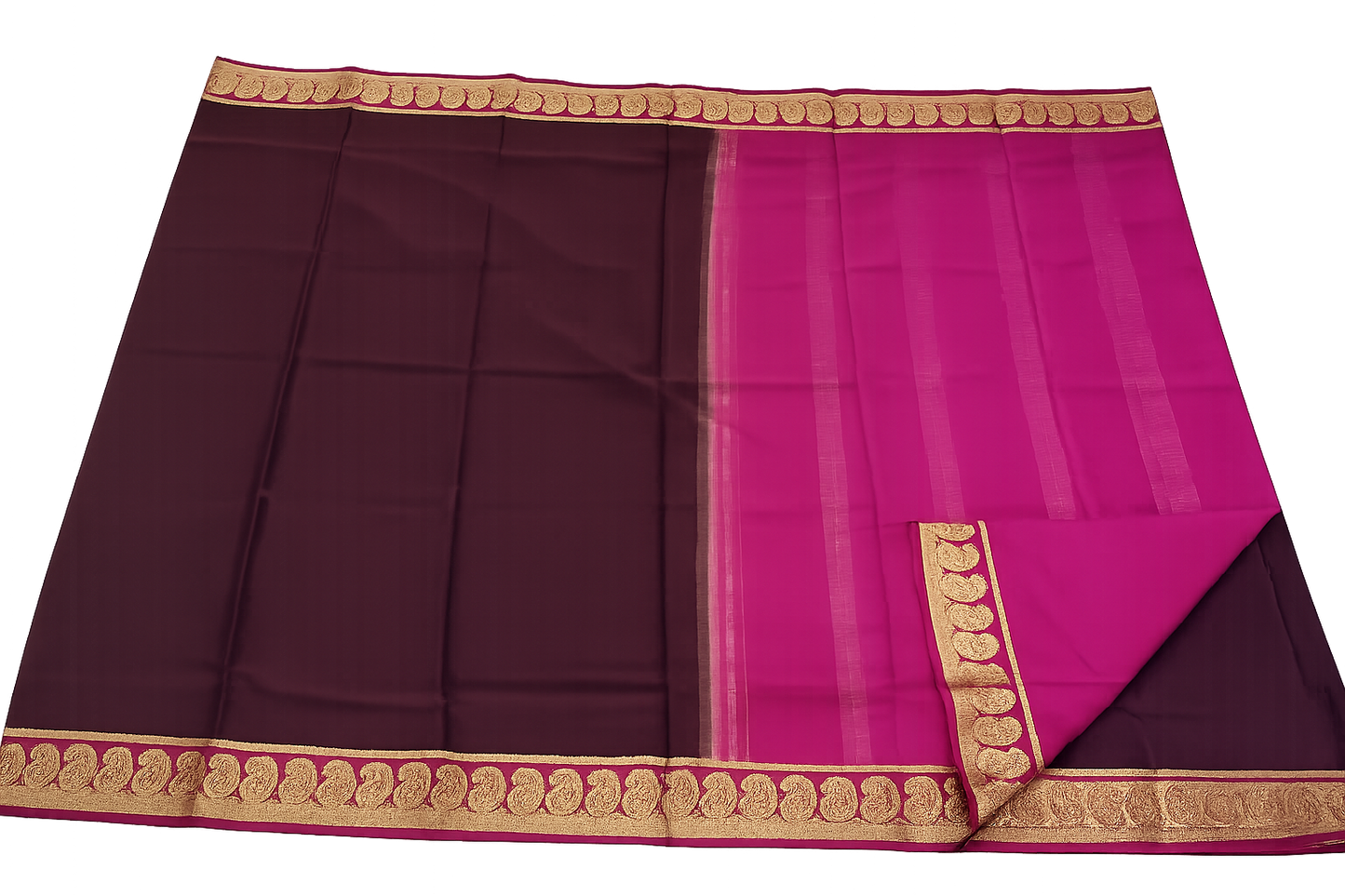 Elegant Maroon & Magenta Crepe Silk Saree with Traditional Gold Mango Border