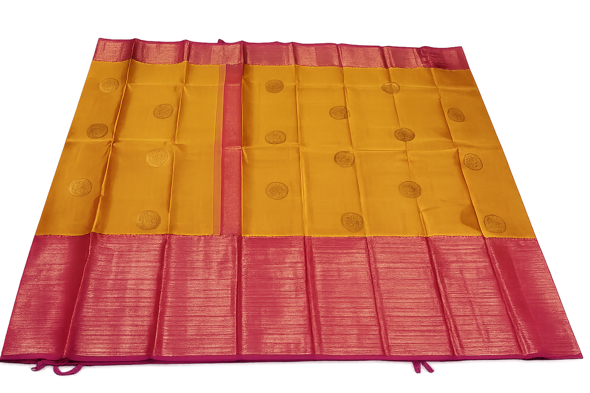 Golden Mustard Soft Silk Saree with Rich Magenta Zari Border | Traditional Elegance