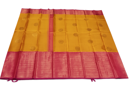 Golden Mustard Soft Silk Saree with Rich Magenta Zari Border | Traditional Elegance