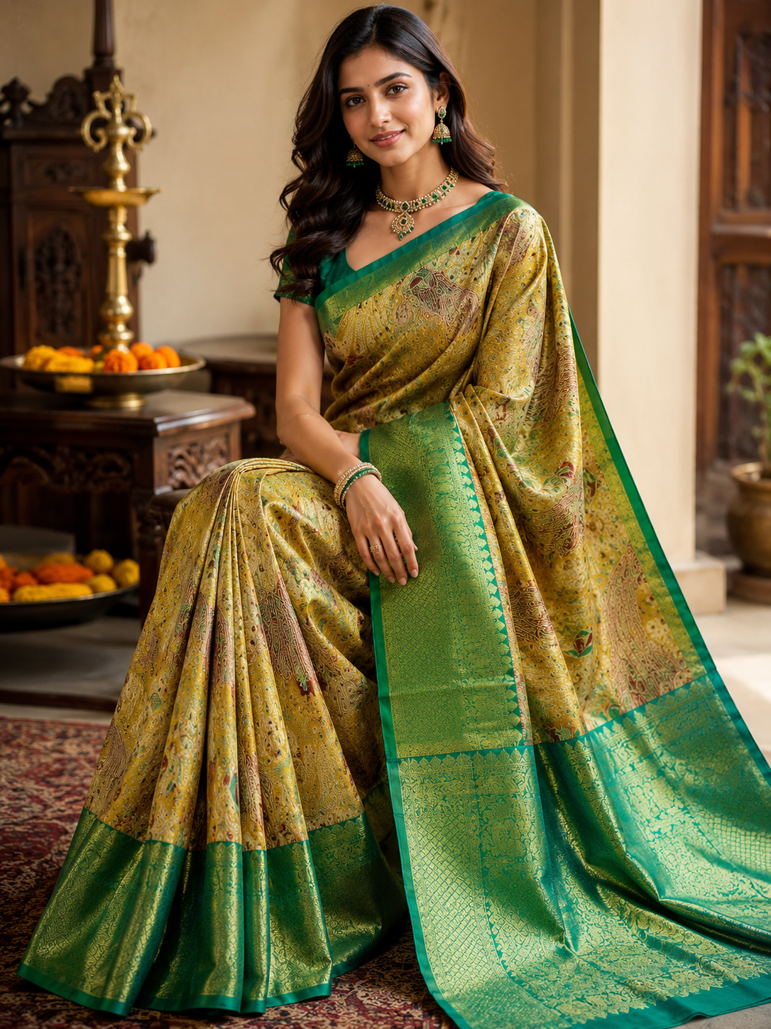 Royal Golden Kanchi Silk Saree with Emerald Green Zari Border