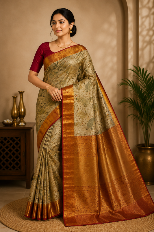Royal Peacock Pure Kanchi Pattu Silk Saree with Grand Zari Border – Cream Gold & Maroon Elegance