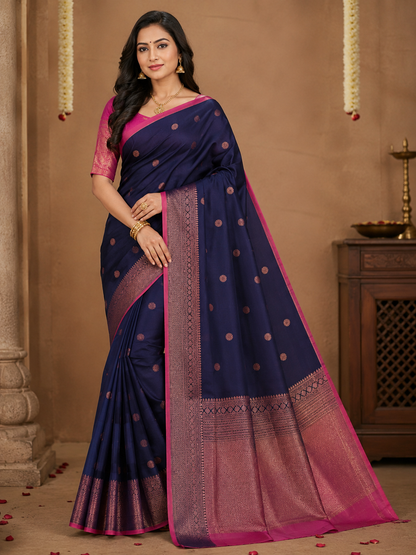 💙 Royal Navy Blue Soft Silk Saree with Rich Zari Border & Pink Pallu | Timeless Elegance