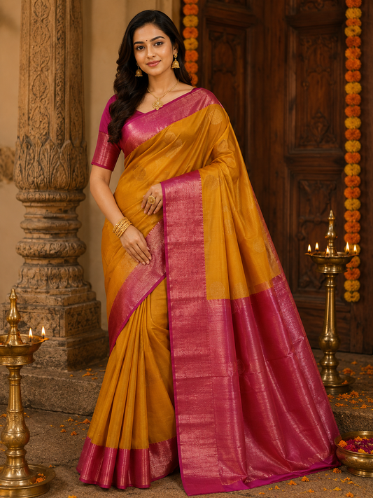 Golden Mustard Soft Silk Saree with Rich Magenta Zari Border | Traditional Elegance