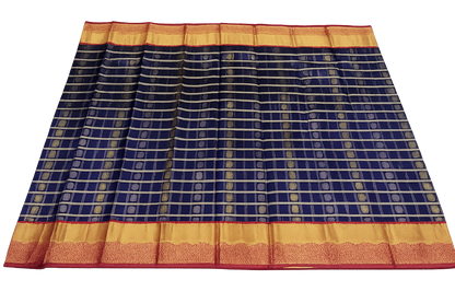 ✨ Royal Blue Kanchi Soft Silk Saree with Rich Gold Zari Checks & Contrast Pink Border ✨