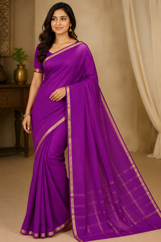 Pure Crepe Silk Saree for Women |Ranil Purple| 1-Inch Gold Zari Border | Waterproof | Elegant Traditional Wear