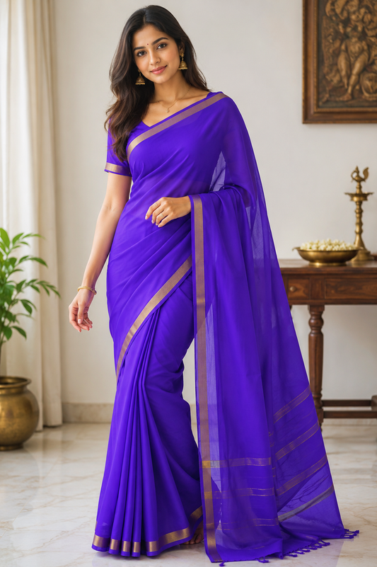 Pure Crepe Silk Saree for Women| Royal Purple | 1-Inch Gold Zari Border | Waterproof | Elegant Traditional Wear
