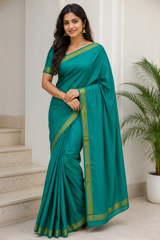 Pure Crepe Silk Saree for Women| Peacock Green| 1-Inch Gold Zari Border | Waterproof | Elegant Traditional Wear