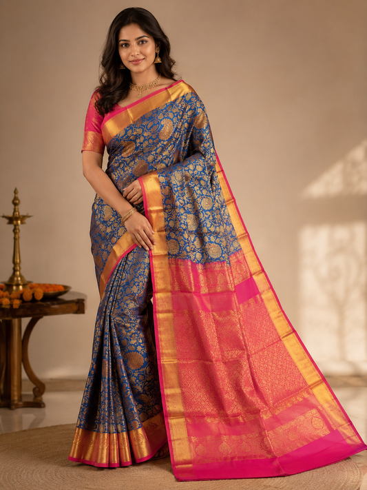 Royal Blue Kanchi Silk Brocade Saree with Meena Butta & Rich Zari Pallu