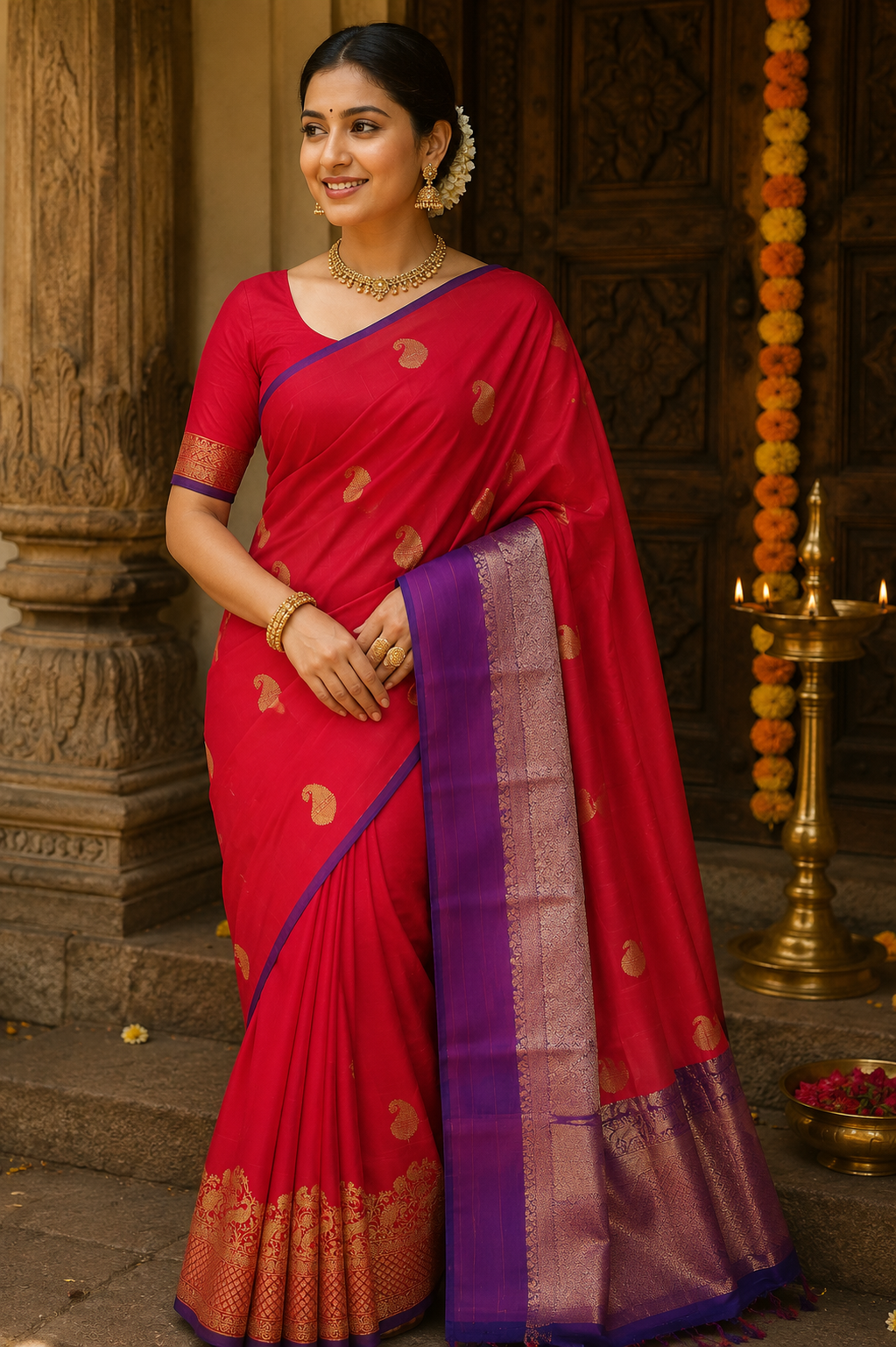 ✨ Royal Crimson Kanchi Soft Silk Saree | Elegant Purple Zari Border ✨