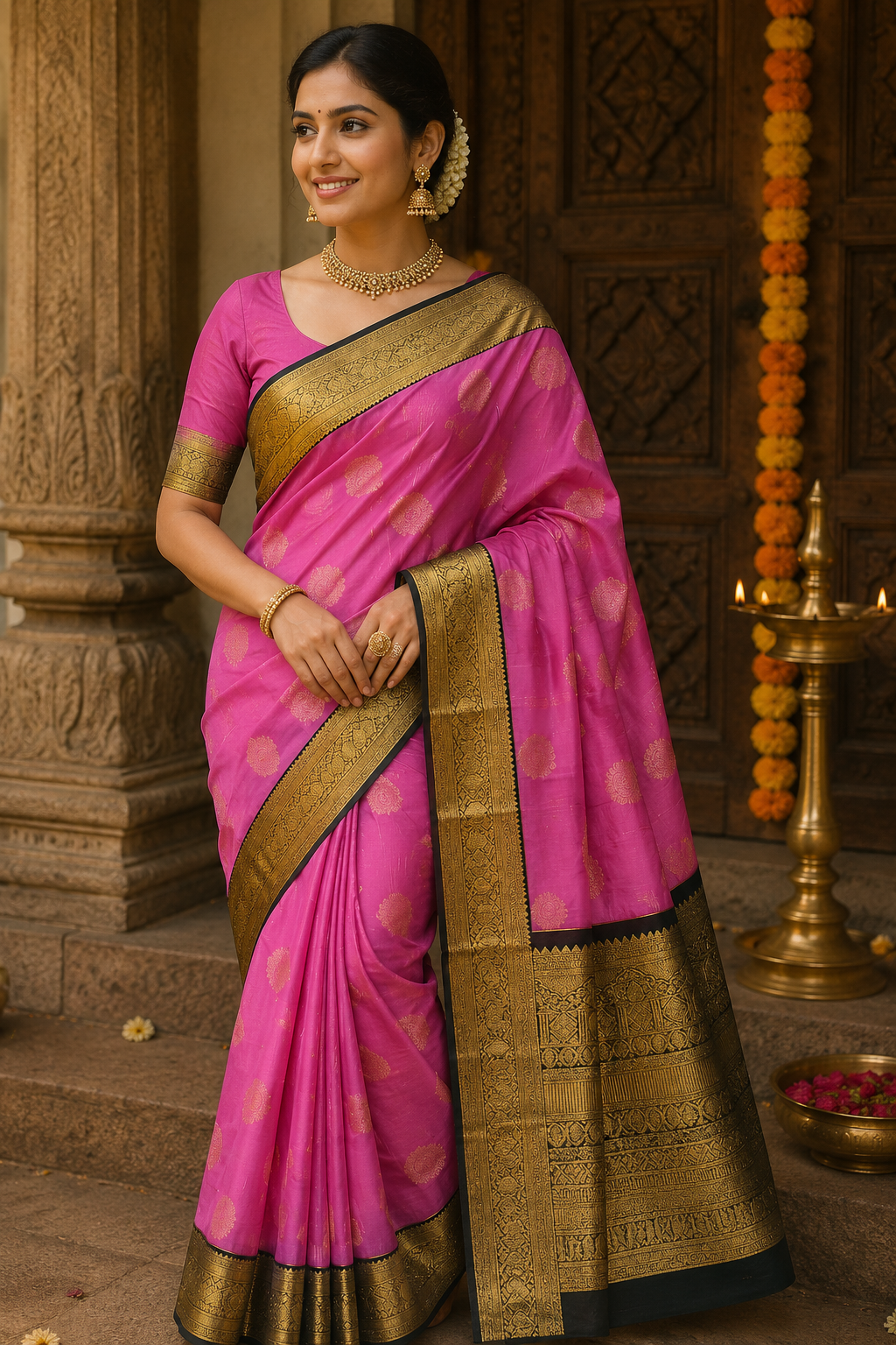 Radiant Pink Kanchi Pure Silk Saree with Grand Antique Gold Zari Border