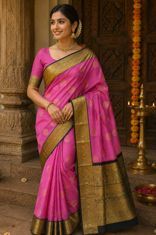 Radiant Pink Kanchi Pure Silk Saree with Grand Antique Gold Zari Border