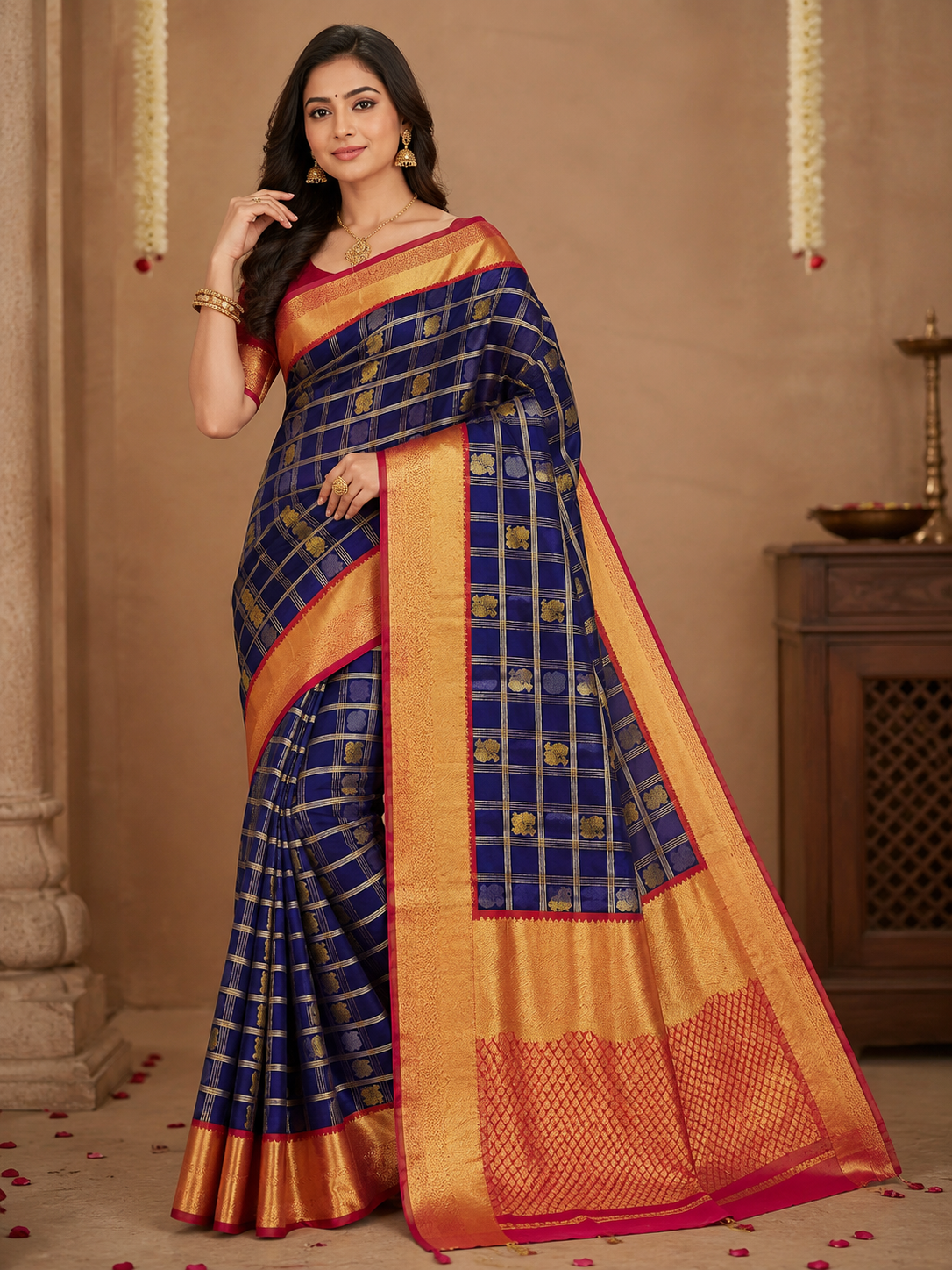 ✨ Royal Blue Kanchi Soft Silk Saree with Rich Gold Zari Checks & Contrast Pink Border ✨