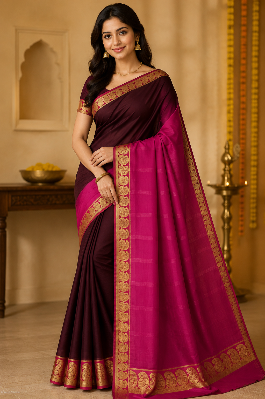 Elegant Maroon & Magenta Crepe Silk Saree with Traditional Gold Mango Border