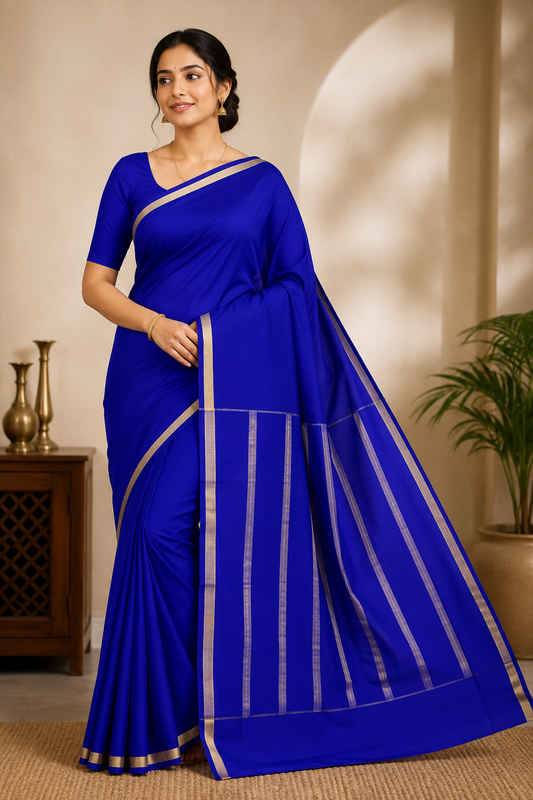 Pure Crepe Silk Saree for Women| Royal Blue | 1-Inch Gold Zari Border | Waterproof | Elegant Traditional Wear
